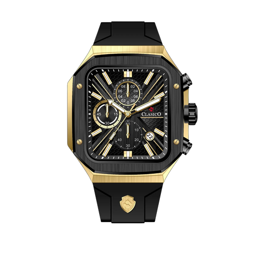 Clasicio Zypher Gold chronograph watch featuring a modern square black and gold dial with a premium black silicone strap.