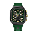 Clasicio Zypher Green chronograph watch featuring a modern square face with a forest green and gold dial on a premium black silicone strap.