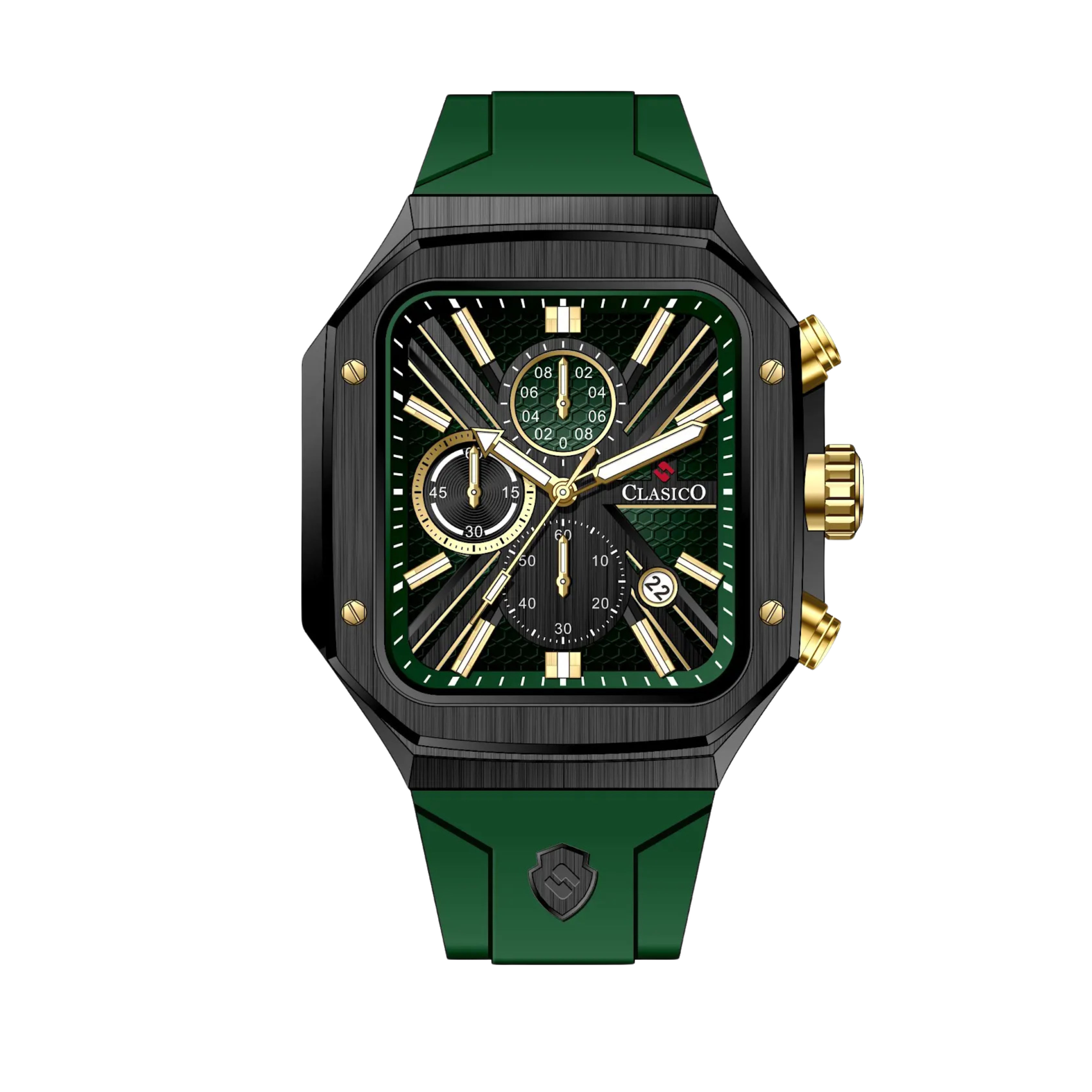 Clasicio Zypher Green chronograph watch featuring a modern square face with a forest green and gold dial on a premium black silicone strap.