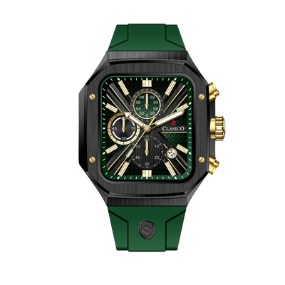 Clasicio Zypher Green chronograph watch featuring a modern square face with a forest green and gold dial on a premium black silicone strap.