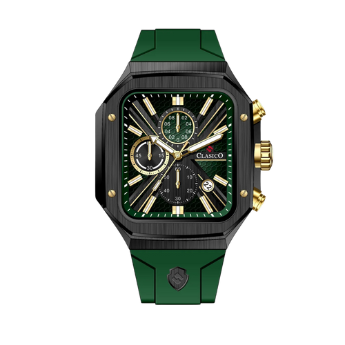 Clasicio Zypher Green chronograph watch featuring a modern square face with a forest green and gold dial on a premium black silicone strap.