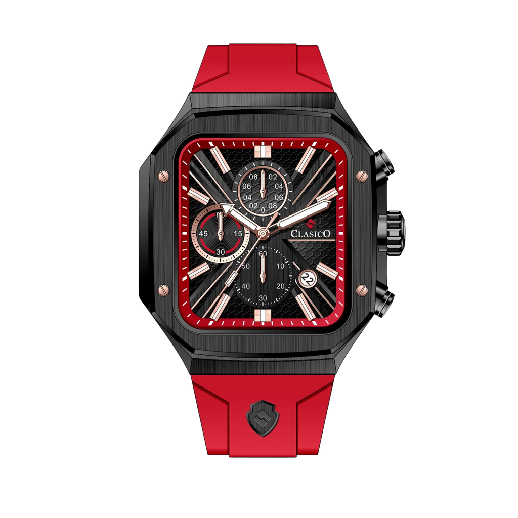 Clasicio Zypher Red chronograph watch featuring a modern square face with a vibrant red and black dial on a premium black silicone strap.