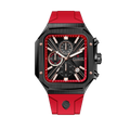 Clasicio Zypher Red chronograph watch featuring a modern square face with a vibrant red and black dial on a premium black silicone strap.