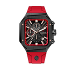 Clasicio Zypher Red chronograph watch featuring a modern square face with a vibrant red and black dial on a premium black silicone strap.
