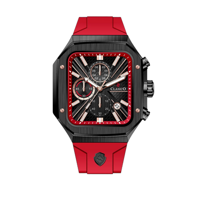 Clasicio Zypher Red chronograph watch featuring a modern square face with a vibrant red and black dial on a premium black silicone strap.