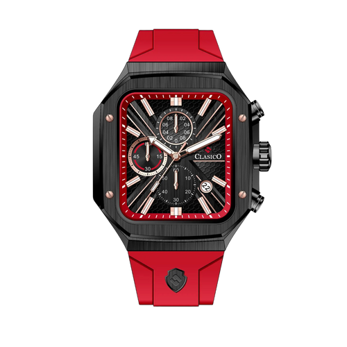 Clasicio Zypher Red chronograph watch featuring a modern square face with a vibrant red and black dial on a premium black silicone strap.