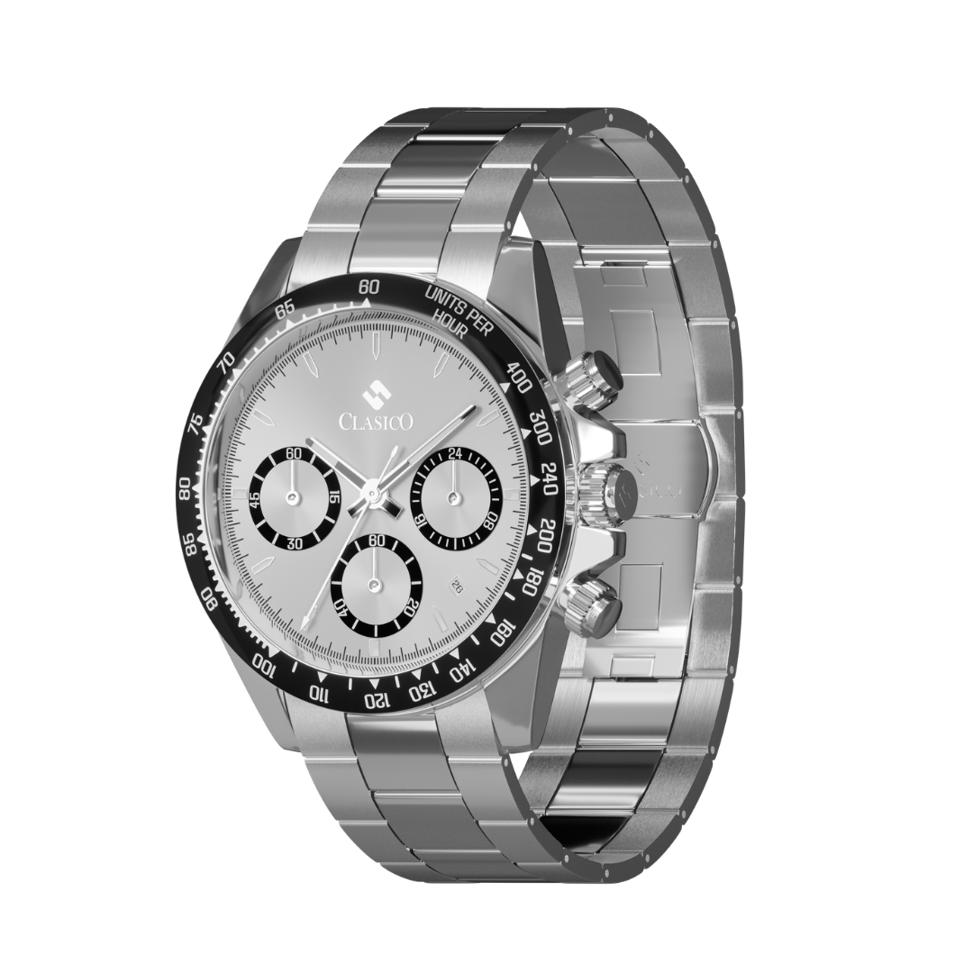 Close-up of the Arctic Royale silver dial and black sub-dials powered by an Elite Y121 caliber movement.