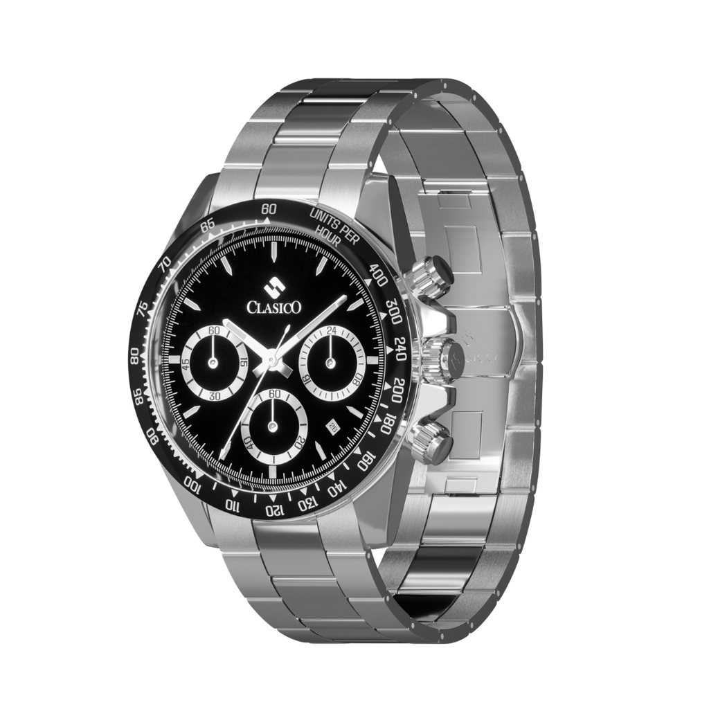 Close-up of the Black Axis watch face showing the black outer ring and three-dial chronograph stopwatch display.