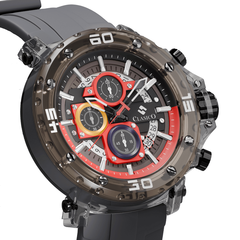 Close-up of the Circuit Breaker's 42mm dial with scratch-resistant Hardlex crystal and bold red accents.