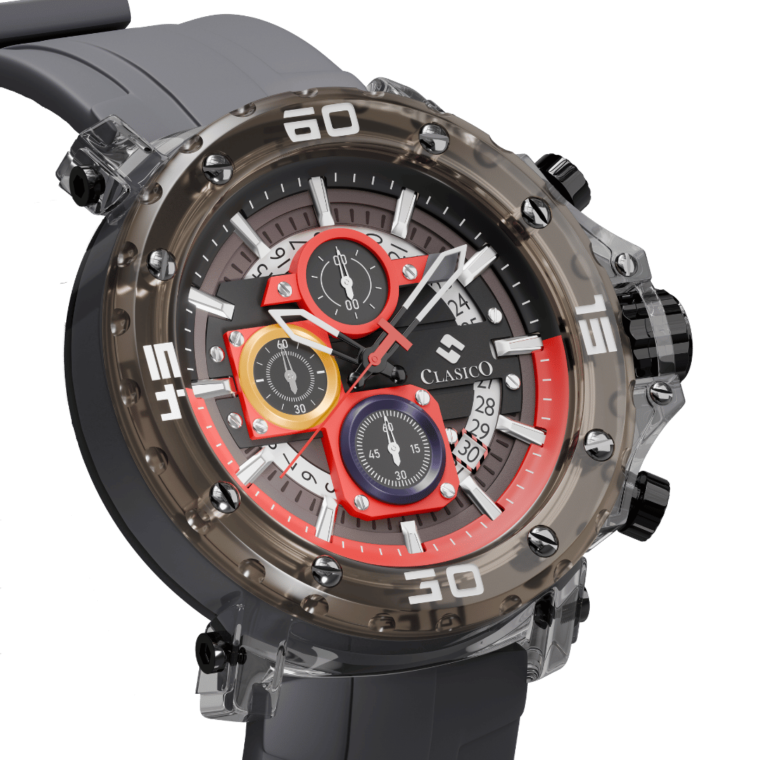 Close-up of the Circuit Breaker's 42mm dial with scratch-resistant Hardlex crystal and bold red accents.