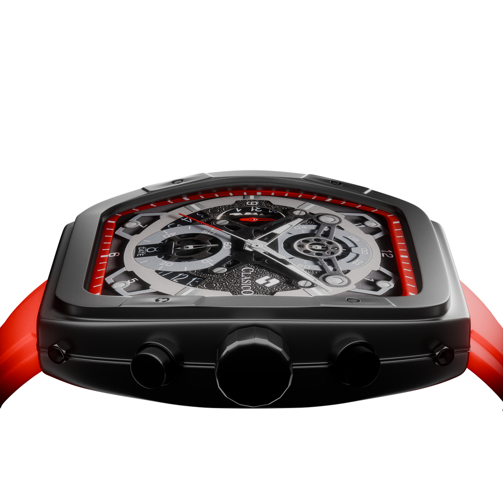 Close-up of the Crimson Noire dial highlighting the Elite Y121 caliber movement and the intricate six-hand chronograph layout.