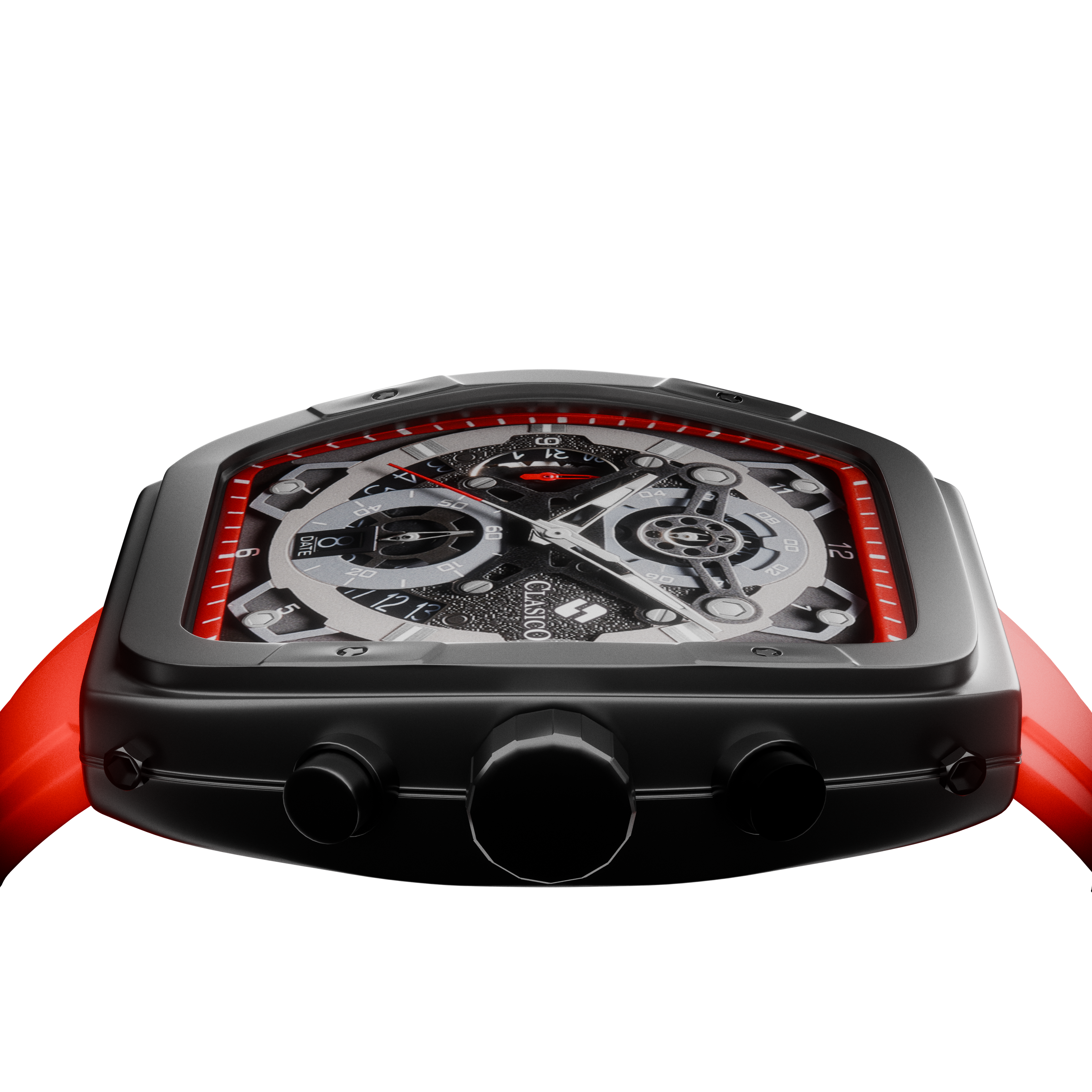 Close-up of the Crimson Noire dial highlighting the Elite Y121 caliber movement and the intricate six-hand chronograph layout.