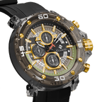 Close-up of the Grand Prix Gold dial highlighting the scratch-resistant Hardlex crystal and precision quartz movement.