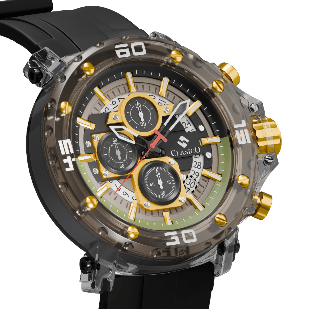Close-up of the Grand Prix Gold dial highlighting the scratch-resistant Hardlex crystal and precision quartz movement.
