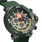 Close-up of the Racing Verde dial highlighting the scratch-resistant Hardlex crystal and precision quartz movement.
