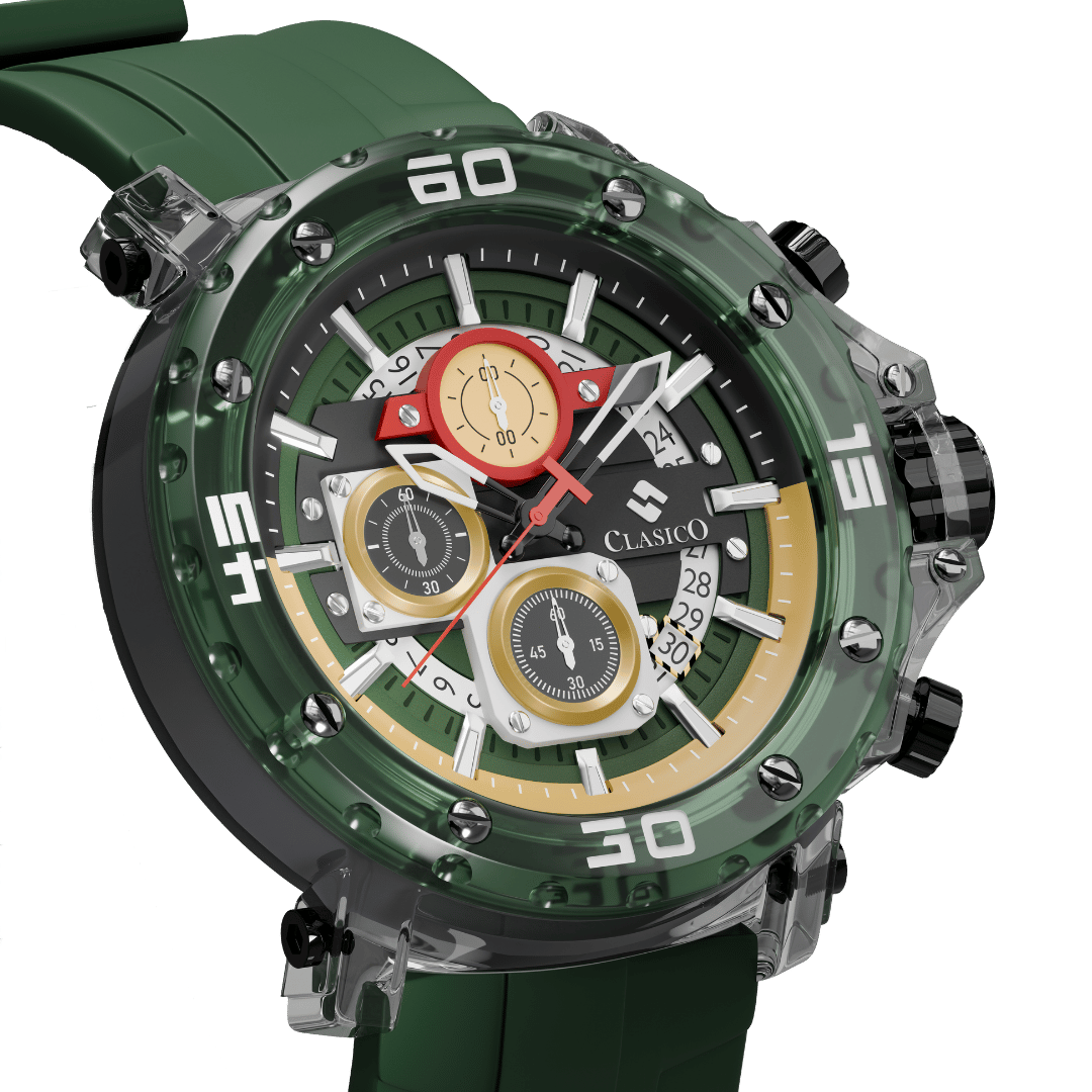 Close-up of the Racing Verde dial highlighting the scratch-resistant Hardlex crystal and precision quartz movement.