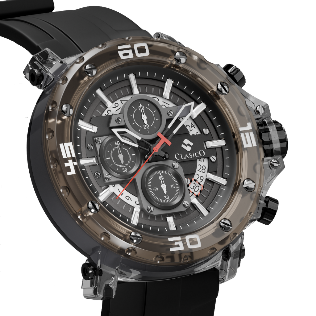 Close-up of the Shadow Phantom dial highlighting the scratch-resistant Hardlex crystal and precision quartz movement.
