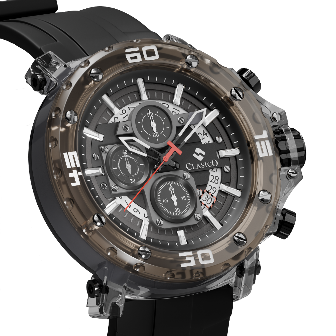 Close-up of the Shadow Phantom dial highlighting the scratch-resistant Hardlex crystal and precision quartz movement.