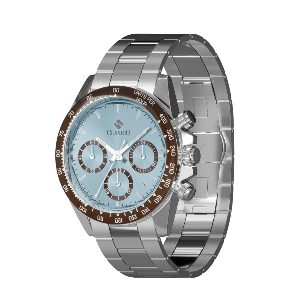 Close-up of the Tiffany blue chronograph dial and chocolate tachymeter bezel on the Clasicio Frost Chrono.