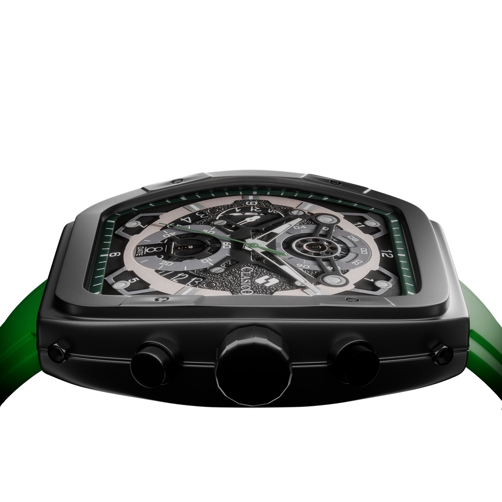 Close-up of the Verde Mist dial highlighting the precision six-hand chronograph movement and silver-tone indices.