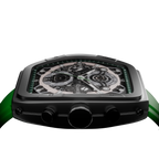 Close-up of the Verde Mist dial highlighting the precision six-hand chronograph movement and silver-tone indices.