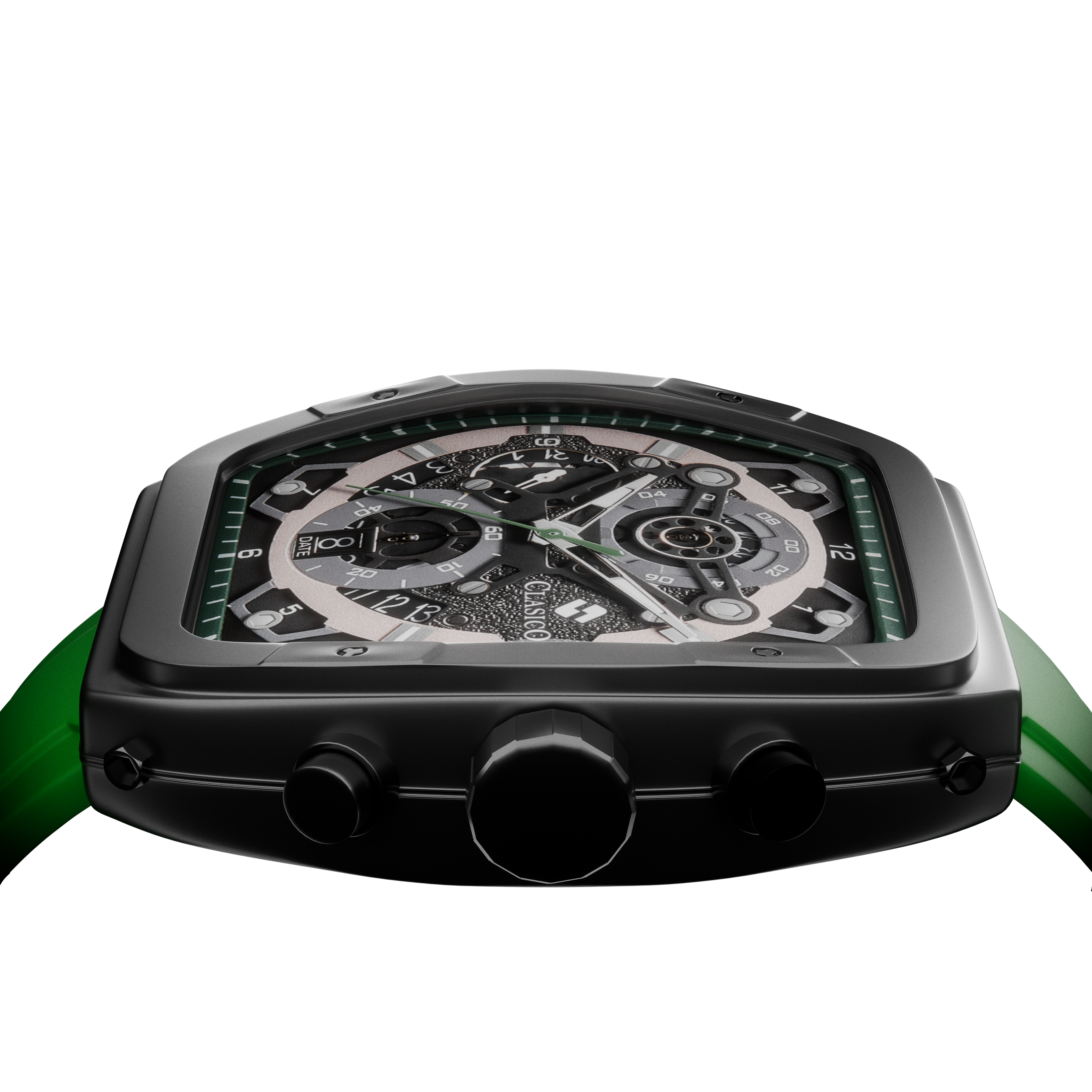 Close-up of the Verde Mist dial highlighting the precision six-hand chronograph movement and silver-tone indices.