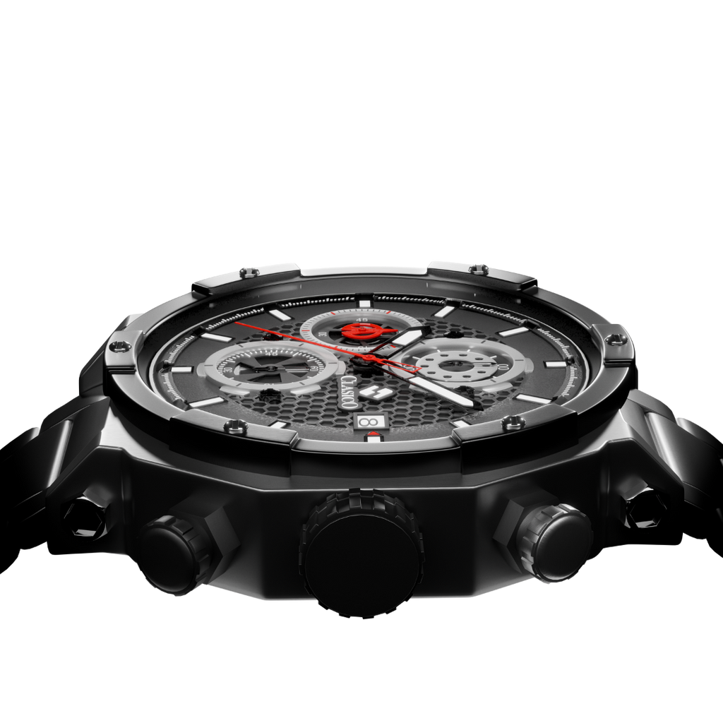 Close-up of the Vortex Black's multi-dial face highlighting the premium stainless steel back cover and detailed chronograph markers.