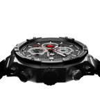 Close-up of the Vortex Black's multi-dial face highlighting the premium stainless steel back cover and detailed chronograph markers.