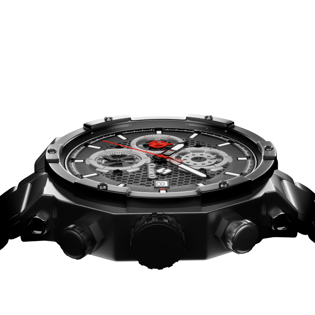 Close-up of the Vortex Black's multi-dial face highlighting the premium stainless steel back cover and detailed chronograph markers.