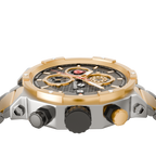 Close-up of the Vortex Gold watch face highlighting the scratch-resistant Hardlex crystal and intricate three-subdial layout.