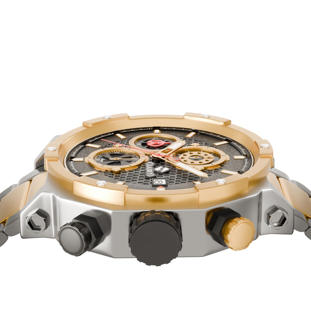 Close-up of the Vortex Gold watch face highlighting the scratch-resistant Hardlex crystal and intricate three-subdial layout.