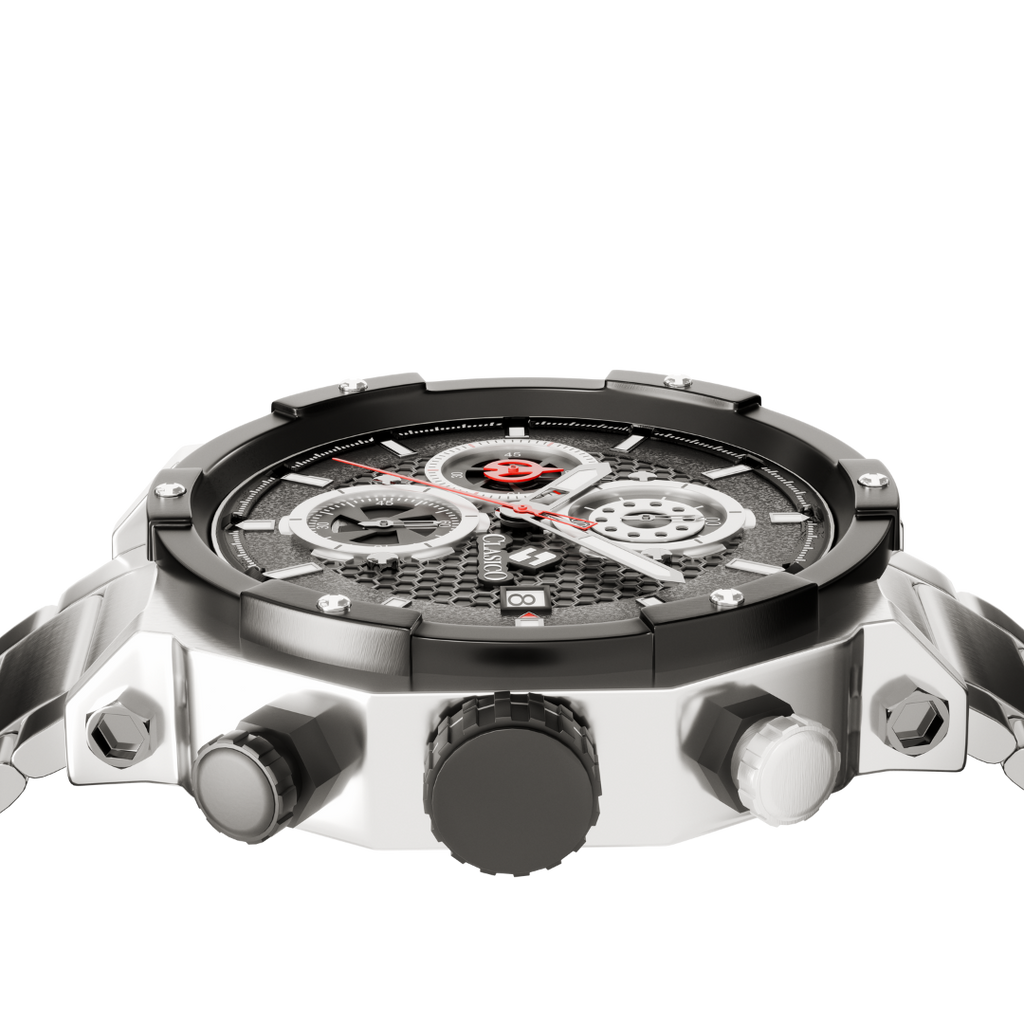 Close-up of the Vortex Silver's black dial with silver sub-dials, highlighting the premium stainless steel back cover.