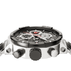 Close-up of the Vortex Silver's black dial with silver sub-dials, highlighting the premium stainless steel back cover.