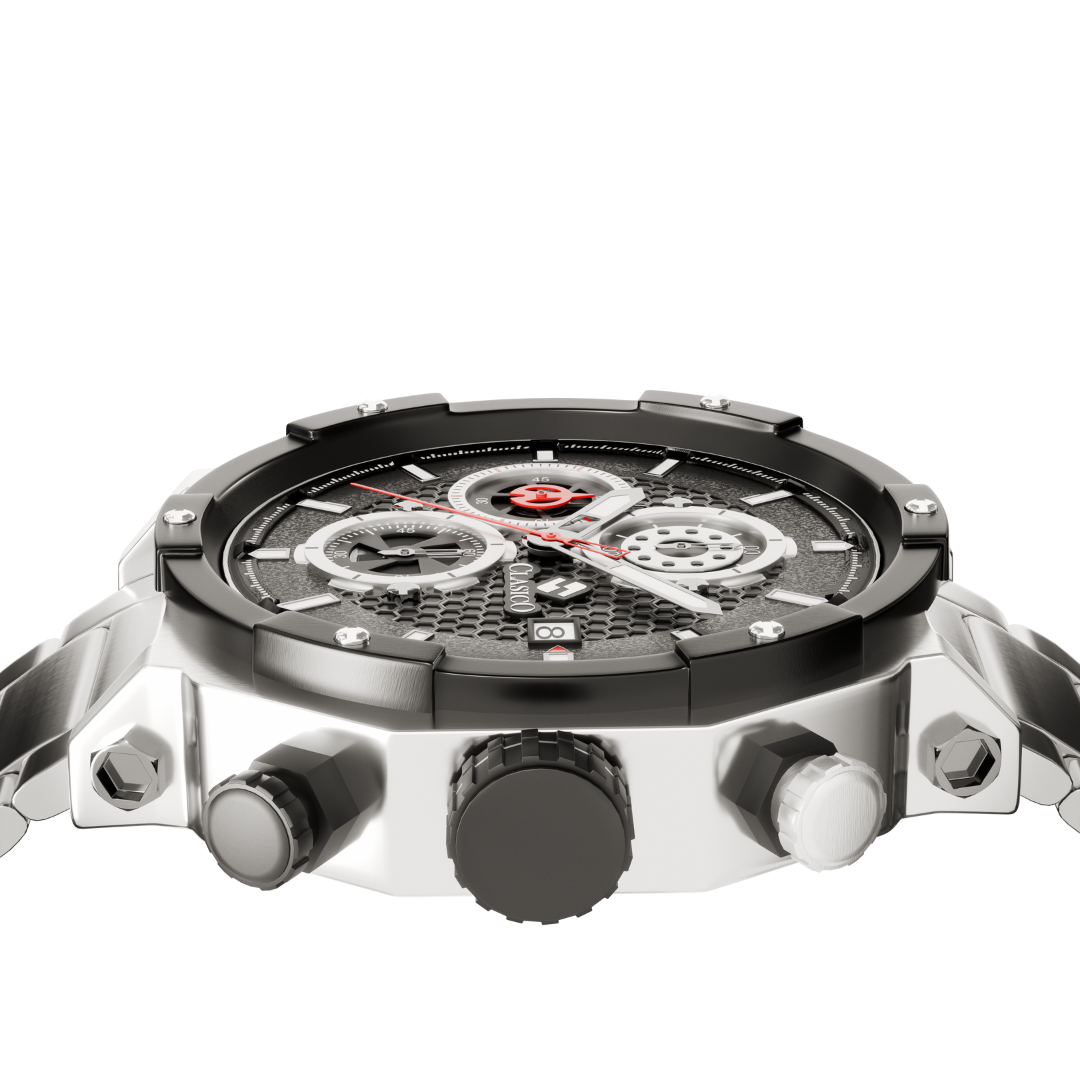 Close-up of the Vortex Silver's black dial with silver sub-dials, highlighting the premium stainless steel back cover.