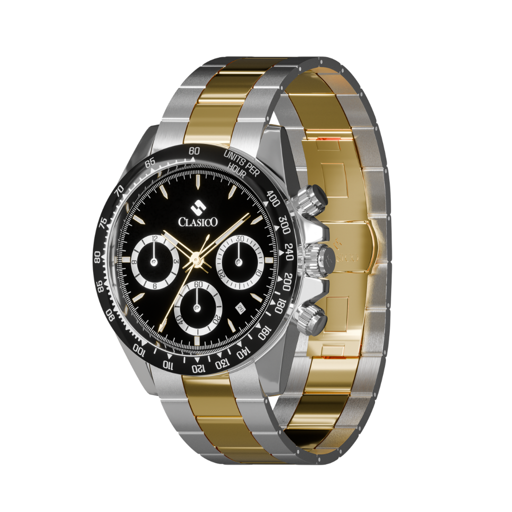 Close-up of the black outer ring and chronograph sub-dials on the Clasicio Midnight Steel two-tone watch.