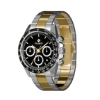 Close-up of the black outer ring and chronograph sub-dials on the Clasicio Midnight Steel two-tone watch.