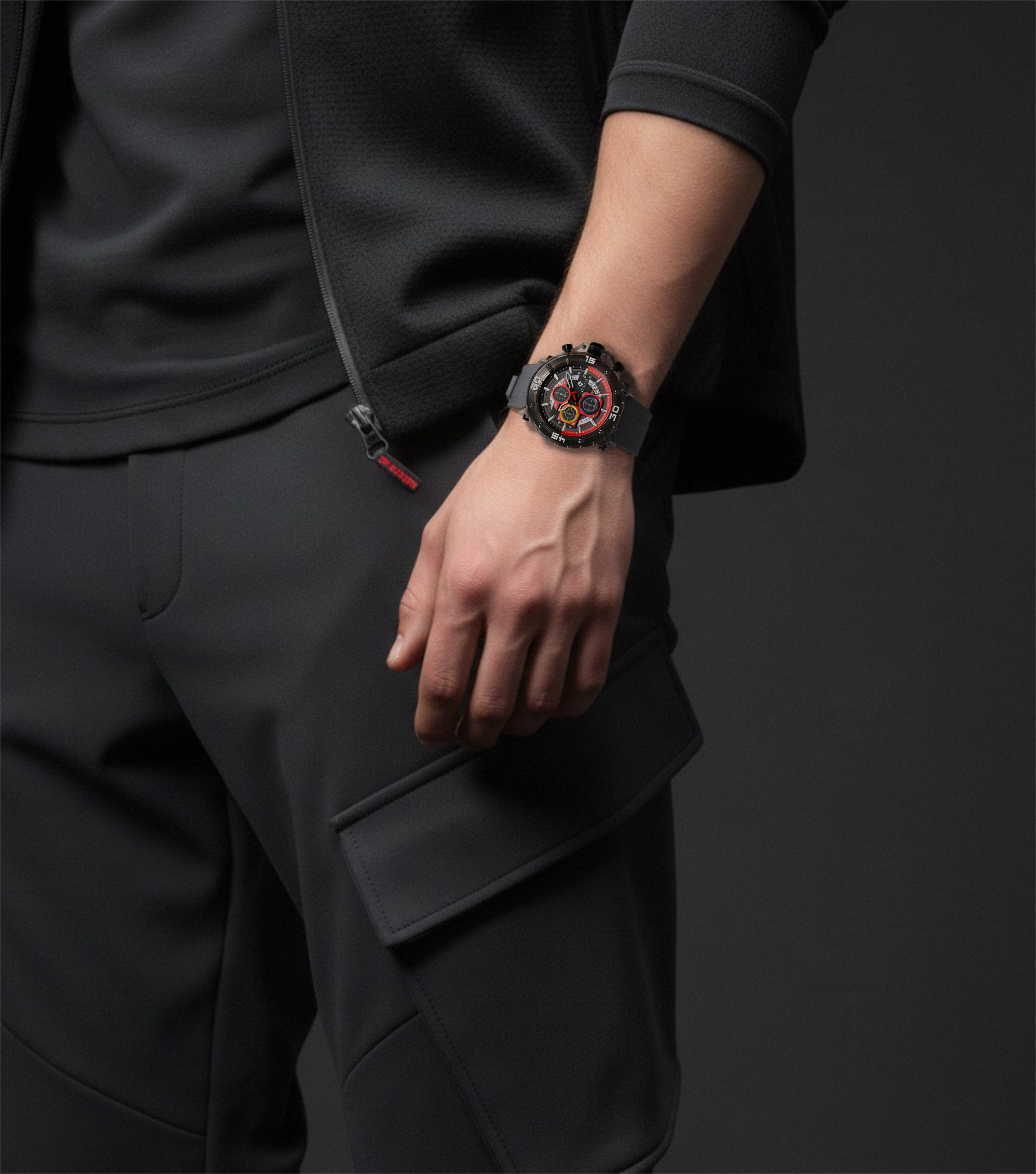 Close-up view of the Clasicio Circuit Breaker sports watch on a model's hand, set against a sleek black textured ground to highlight its premium finish.