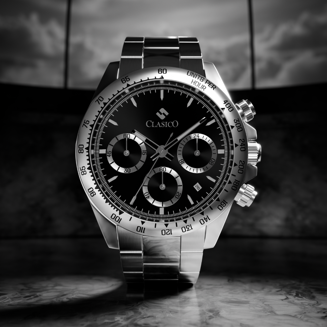 Close-up view of the waterproof Clasicio Chrono Shadow chronograph