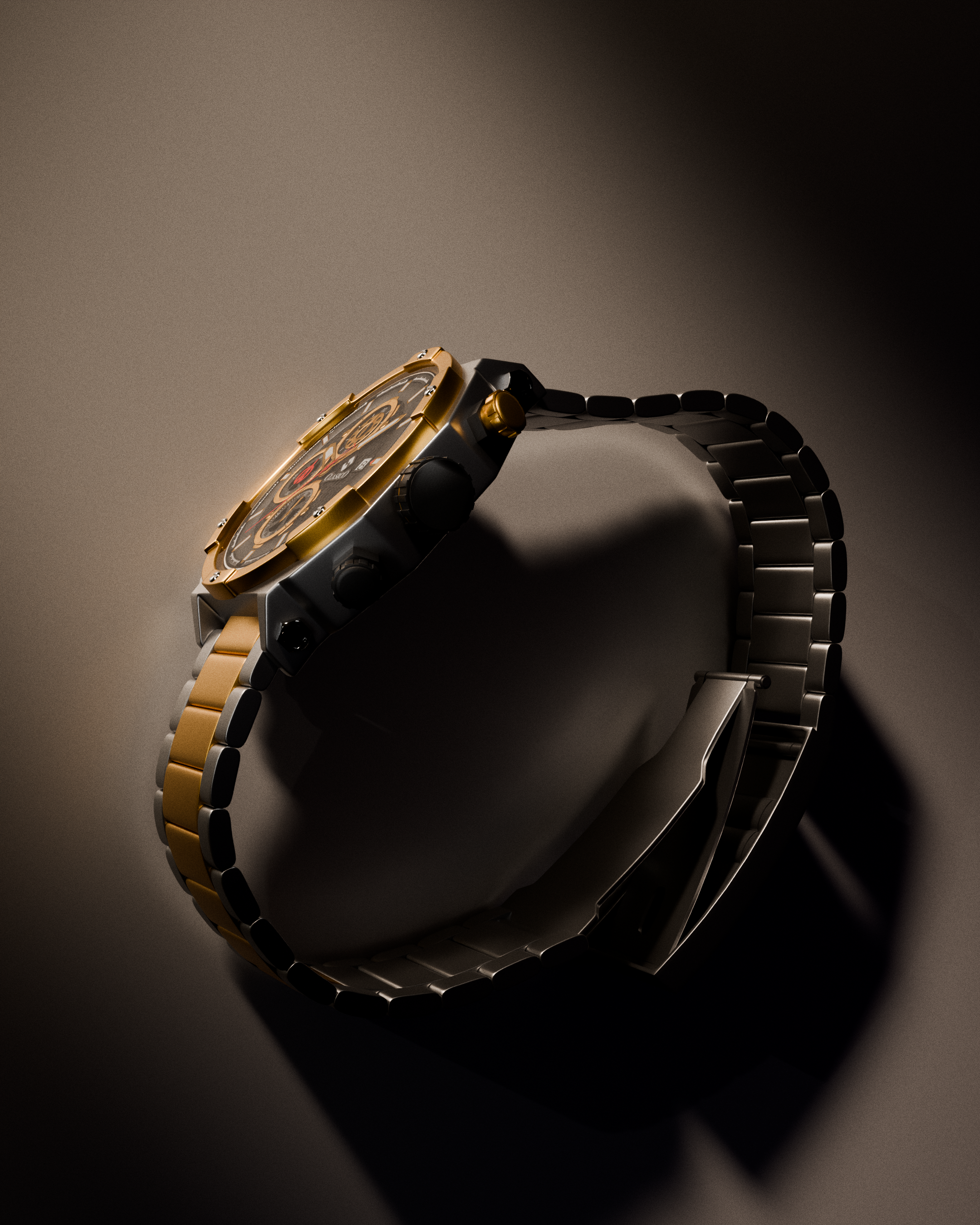 Detailed lifestyle view of the Vortex Collection Gold watch against a dark background, emphasizing the intricate six-hand chronograph movement and scratch-resistant Hardlex crystal.