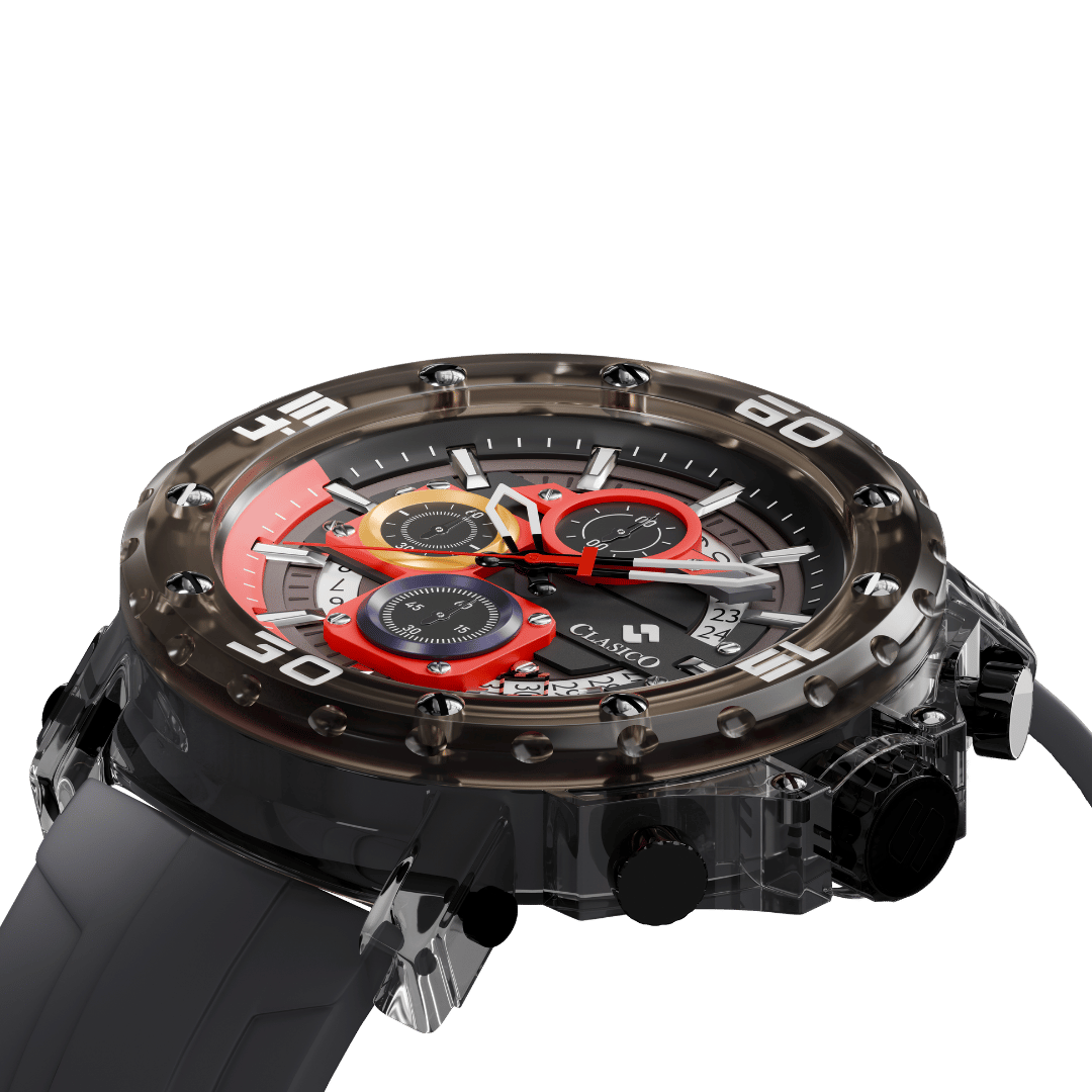 Detailed shot of the 22mm black strap and polished alloy case of the water-resistant Clasicio Circuit Breaker.