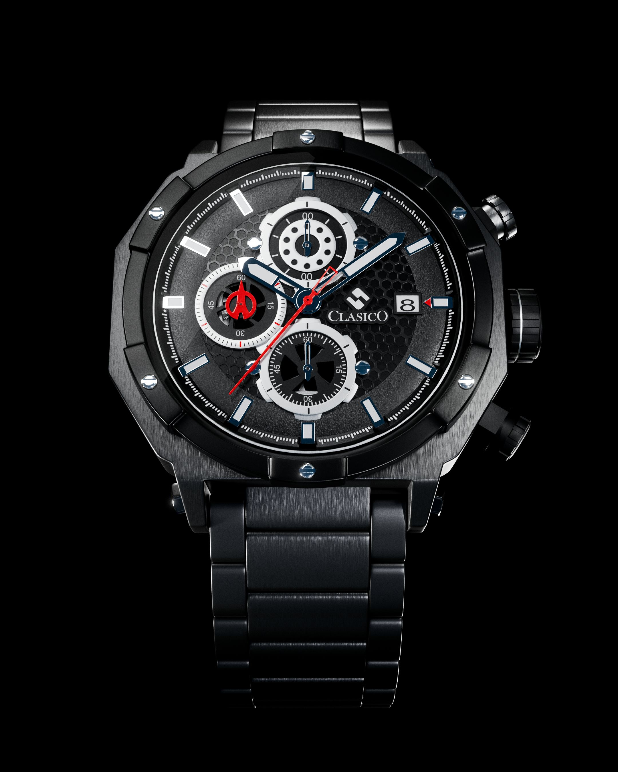 Detailed view of the Clasicio Vortex Black sports watch on a model's hand, emphasizing the raw energy and precision of the midnight steel finish