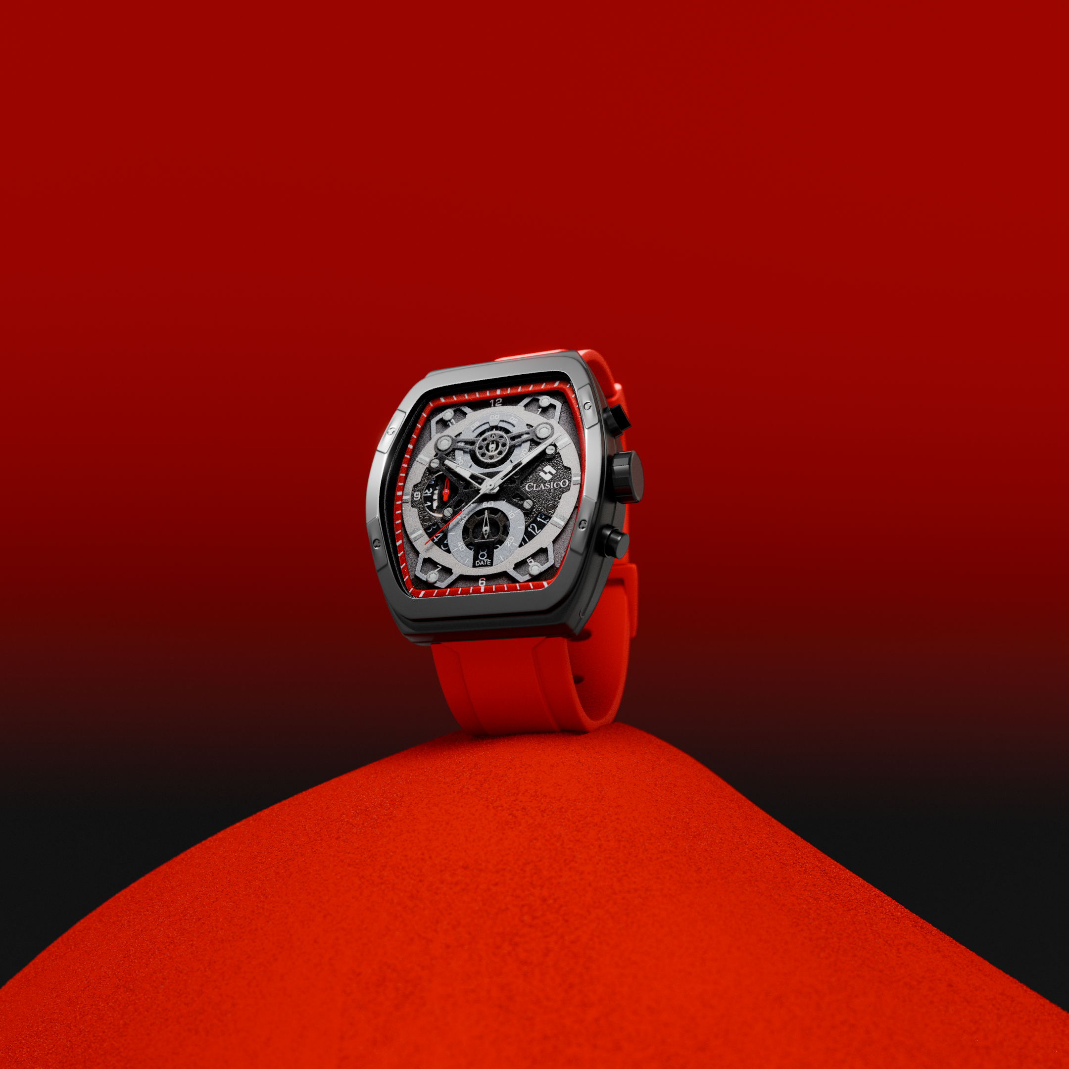 Detailed view of the Opulent Collection Crimson Noire watch against a dark background, highlighting the sleek square-case geometry and red-tinted bezel details.