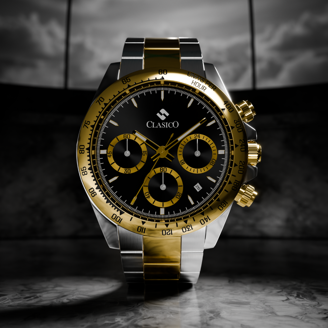 Elegant Clasicio Dynasty chronograph watch displayed on a sleek black ground, emphasizing its premium metal finish.