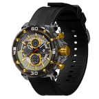 Industrial black Clasicio Grand Prix Gold watch showing the polished alloy case and sophisticated chronograph pushers.