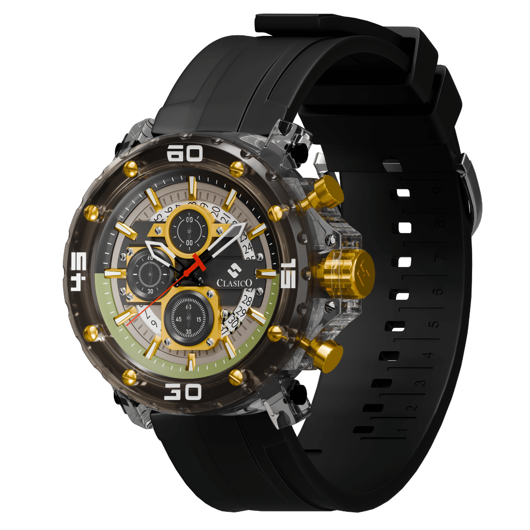Industrial black Clasicio Grand Prix Gold watch showing the polished alloy case and sophisticated chronograph pushers.