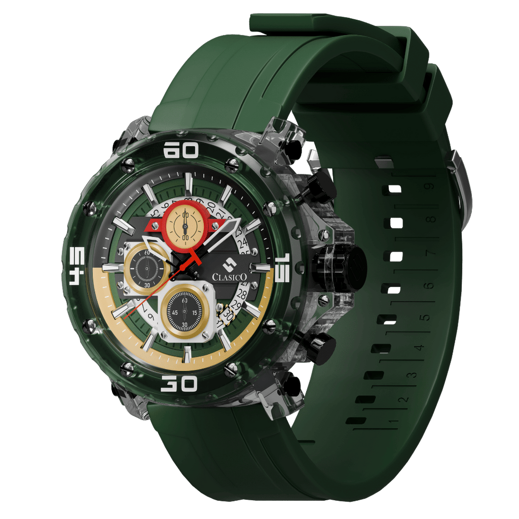Industrial black Clasicio Racing Verde watch showcasing the polished alloy case and sophisticated chronograph movement pushers.