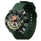Industrial black Clasicio Racing Verde watch showcasing the polished alloy case and sophisticated chronograph movement pushers.