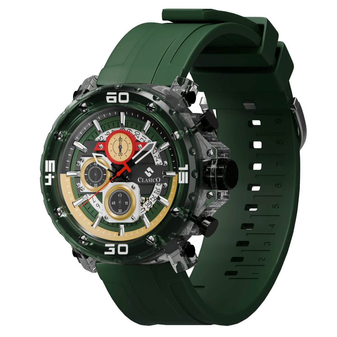 Industrial black Clasicio Racing Verde watch showcasing the polished alloy case and sophisticated chronograph movement pushers.