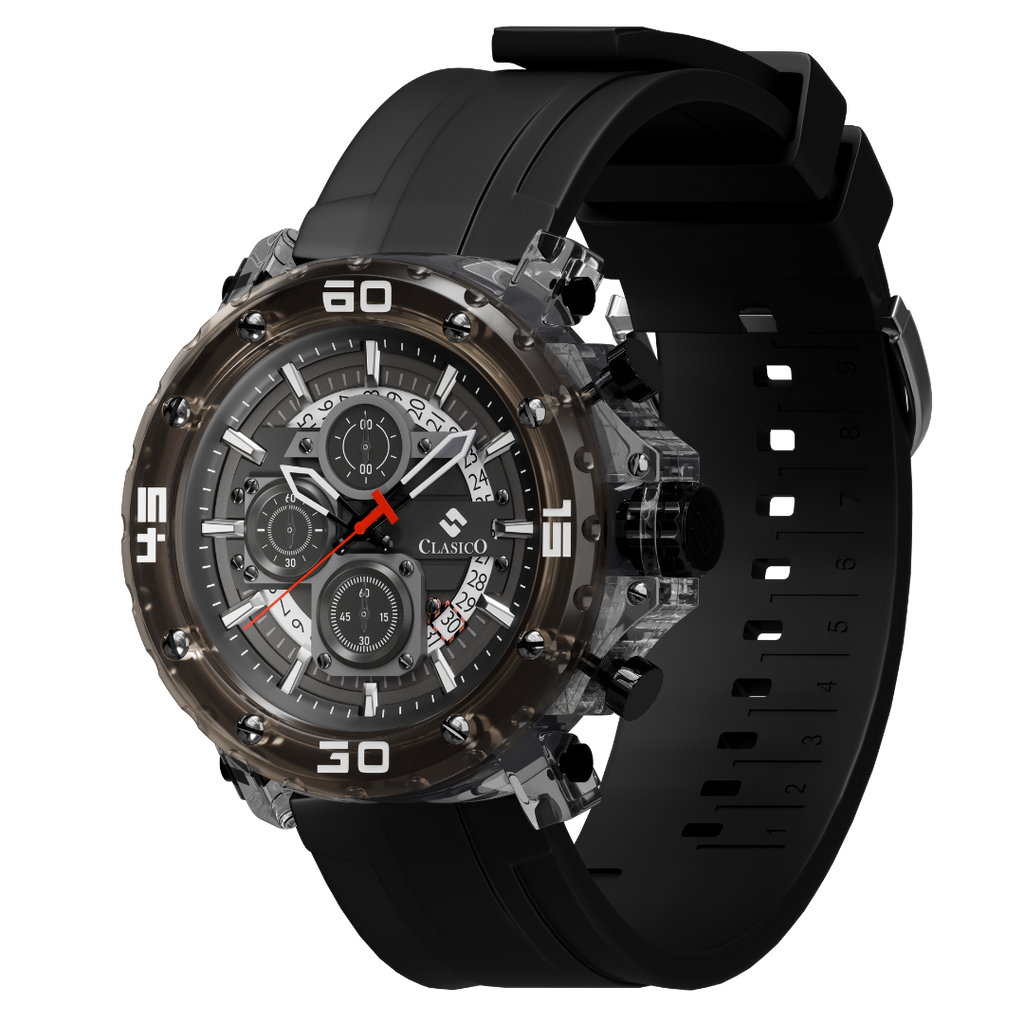 Industrial black Clasicio Shadow Phantom watch showcasing the polished alloy case and textured chronograph pushers.