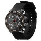 Industrial black Clasicio Shadow Phantom watch showcasing the polished alloy case and textured chronograph pushers.